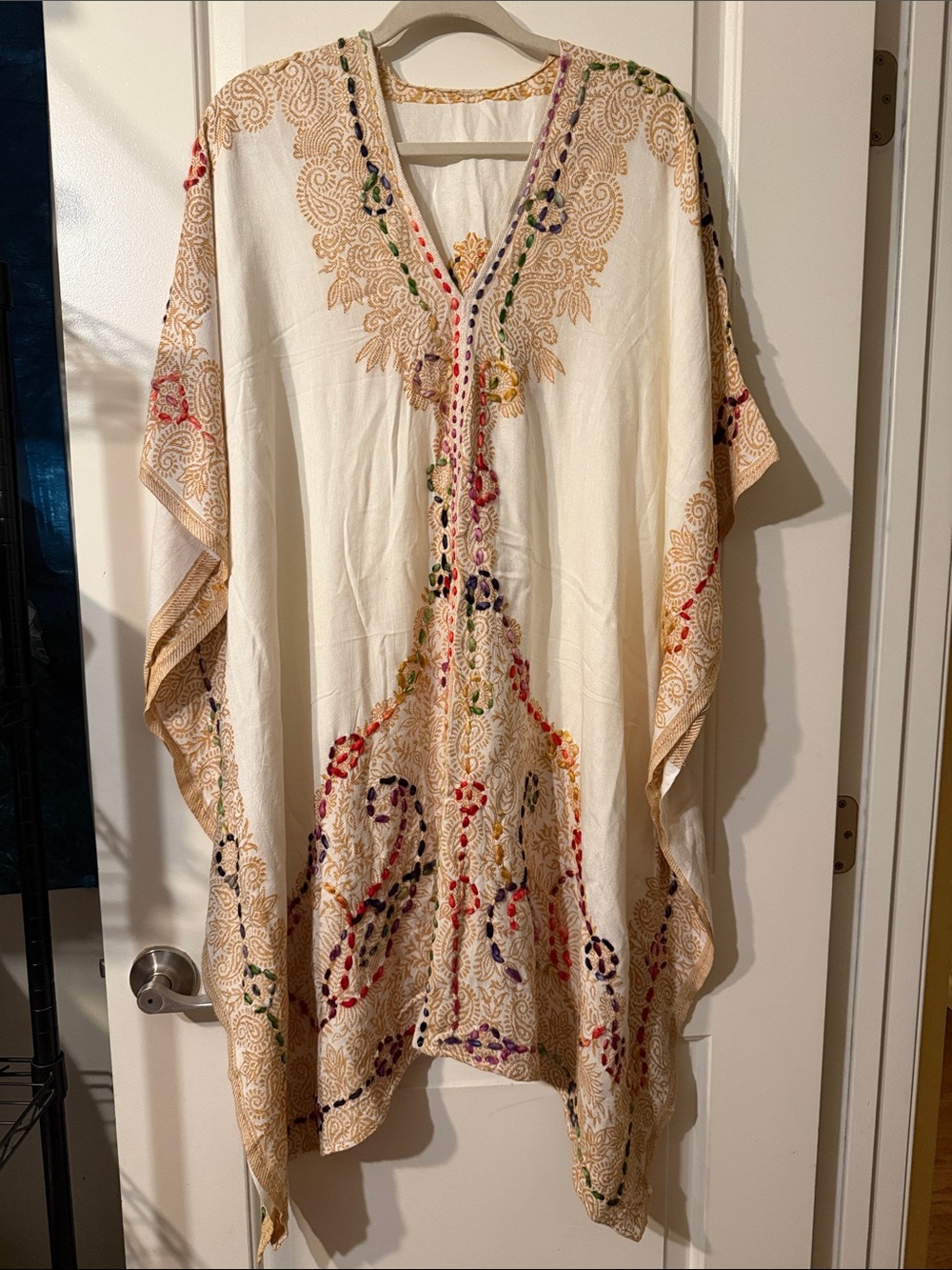 Embroidered Cotton Caftan in Cream with Multicolor Accents
